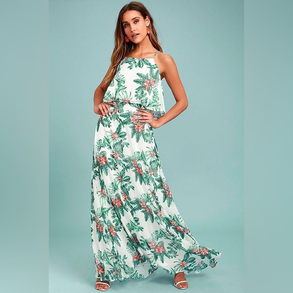 Lulu’s Evadne White and Teal Tropical Print Two-Piece Maxi Dress NWT Size XS